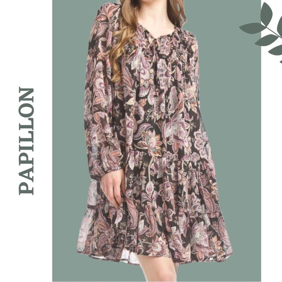 Papillon Paisley Lurex Georgette Tiered Dress Mini Long Sleeve Black Size XS - Picture 1 of 9